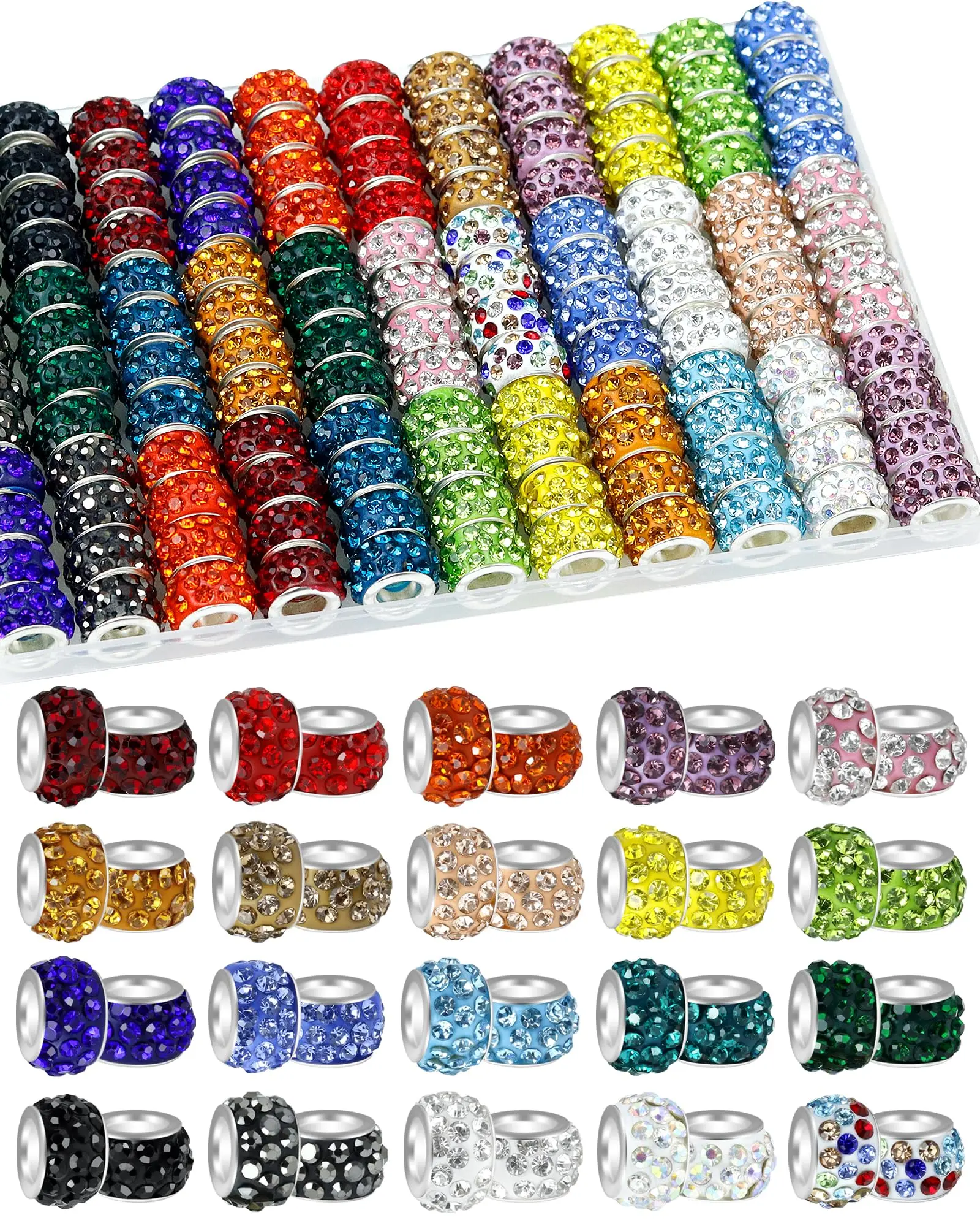 120PCS Rhinestone Large Hole Beads, European Spacer Beads for Jewelry & DIY Crafts