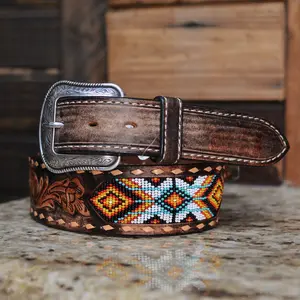 3D Belt Men's Aztec Beaded Embossed Tan Weaved Leather Belt