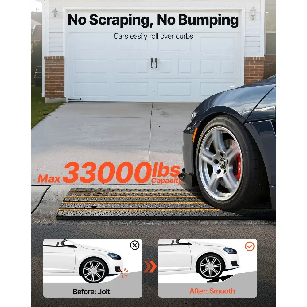 【summerfinds】VEVOR Car Driveway Rubber Curb Ramp, 33069 lbs Load Capacity, 2.6 inch Rise Curbside Bridge Ramp with Yellow Reflective Strips, Suitable for Loading Dock, Warehouse, Garage, Sidewalk (1 Pack), Pre-Drilled Holes, Anti-Slip, Cross Pattern