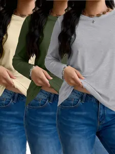 3-Piece Plain Solid Loose Fit Round Neck Long Sleeve Top Set, Casual Fall & Winter Warm Inner Layer, Versatile Basic Clothing