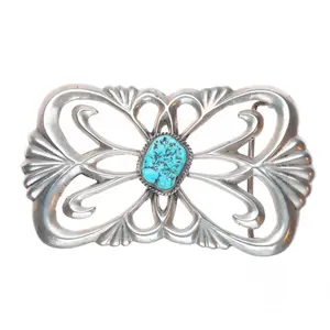 Big Vintage Navajo tufa/sand cast sterling silver belt buckle with turquoise