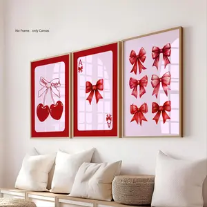 Cherry & Bow Pattern Unframed Painting, 3 Counts/set Canvas Wall Art Poster, Wall Art Decor for Home Living Room Bedroom, Ornaments