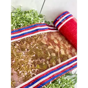 10 Inch By 10 Yard Red White And Blue Border Stripe Metallic Netting