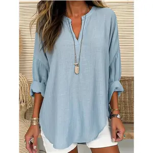 2025 New Loose Women's V-Neck Cotton Linen Plus Size Shirt