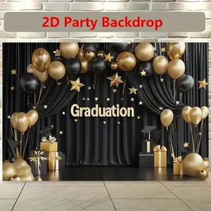 Maga Graduation Celebration Background Banner with Gold and Balloons, Stars and Graduation Word, Durable Polyester for Parties and Photos