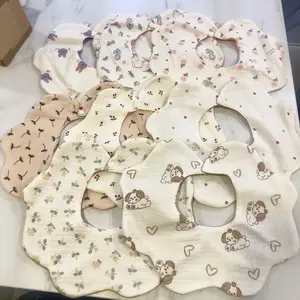 MUSBUY 8-Pack Waterproof Baby Bibs Organic Cotton Muslin Soft Absorbent Unisex Reversible Cartoon Prints Full-Circle Safety Snap Gift for Drooling & Teething - Cute