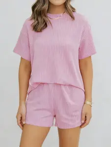 Women’s Textured Ribbed Two-Piece Set – Short Sleeve Tee & Relaxed Fit Shorts with Pockets | Cozy Summer Lounge & Sleepwear - Mother's Day Gift