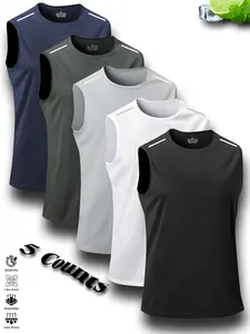 Men's Solid Color Sleeveless Tee, Regular Fit Sporty Round Neck Top, Men's Top for Gym Workout Running, T-shirt for Men, Summer Clothes, Clothing, Menswear, Tshirt, Running Vests, Activewear, Lightweight Running Vest, Sleeveless Sports Vest