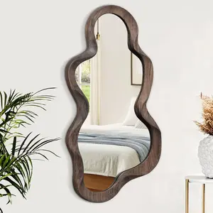Large Asymmetrical Wood Frame Mirror, Irregular Wavy Cloud Shape for Modern Living Room