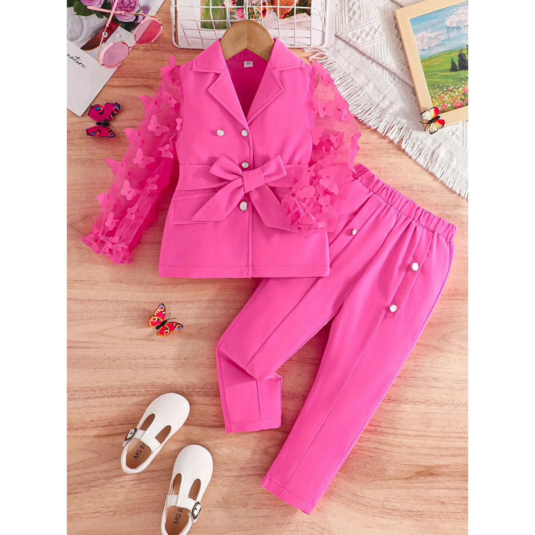 Youngsters Girl Fashion Outfits, Mesh Sleeve Suit Jacket and Pants Set, Girl Fall Winter Clothes, Perfect for Outdoor