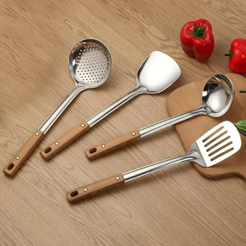 4pcs Wok Utensils Set Stainless Steel Wok Spatula, Ladle, Skimmer Ladle Tool Set Cooking Utensils with Wooden Handle, Easy to Clean Wok Additions