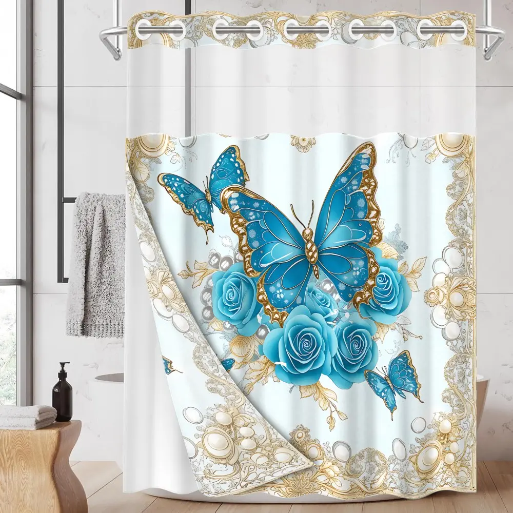 1PC/4PCS 2D Flat Printing Blue Butterflies and Blue Roses Patterned printed Decorative shower curtain set with 12 hooks, home bathroom decor, Bathroom Decoration Accessories, non-slip bathroom rug, U-shaped toilet seat cover, toilet seat mat