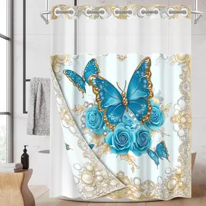 1PC/4PCS 2D Flat Printing Happy Spring Blue Butterflies and Blue Roses Decoration Patterned shower curtain, home bathroom decor, shower curtain set with 12 hooks, non-slip bathroom rug, U-shaped toilet seat cover, toilet seat mat.