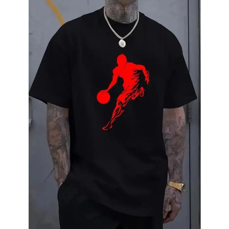 Men's Summer Crew Neck T-Shirt Comfortable Loose Short Sleeve Fashion Retro Casual Print - Men's Basketball Silhouette Printed T-Shirt,  Cotton Casual, Four Seasons Comfortable Fit Knitted Fabric Top, Large Size