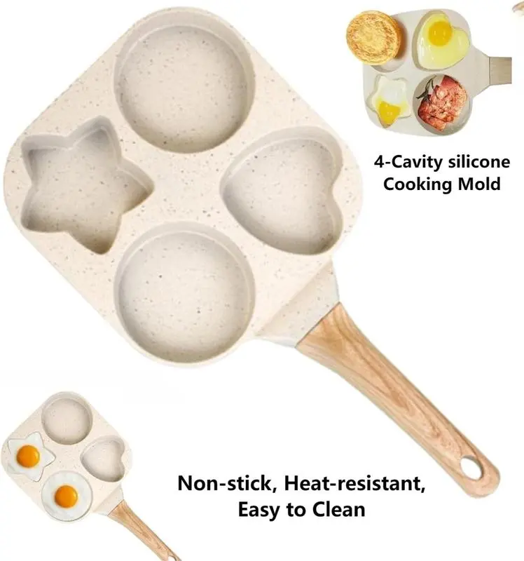 Multifunctional Non-stick Egg Frying Pan – 4 Holes Skillet with Wooden Handle, Medical Stone Omelet Maker for Breakfast Cooking, Durable, Easy to Clean.