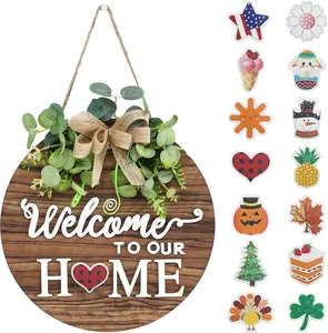 Interchangeable Seasonal Welcome Sign | Rustic Round Wood Wreath for Front Door & Farmhouse Porch Decor White