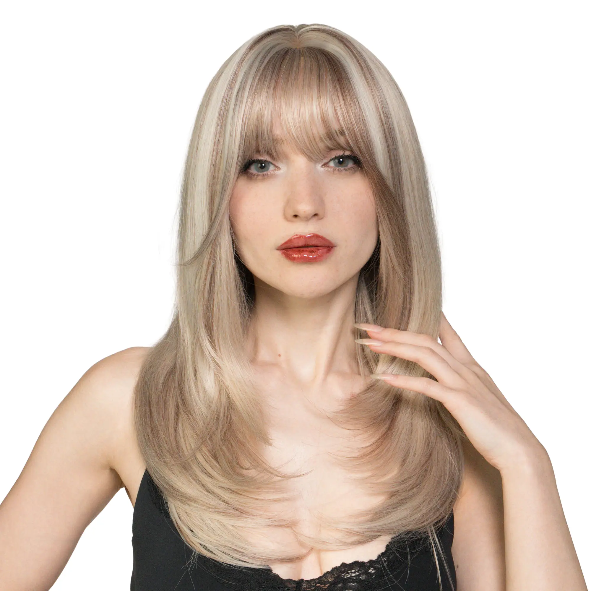 Lady Grayy New 'VANILLA CHOC SWIRL' 23 in Tanglong Fiber Synthetic Full Machine Wig, Warm Light Blonde with Cinnamon Pinkish Lowlights, Almost Straight Layered Ends with Subtle Flicks, Heat Resistant, Cap Included | #63FSGA, for Daily Wear