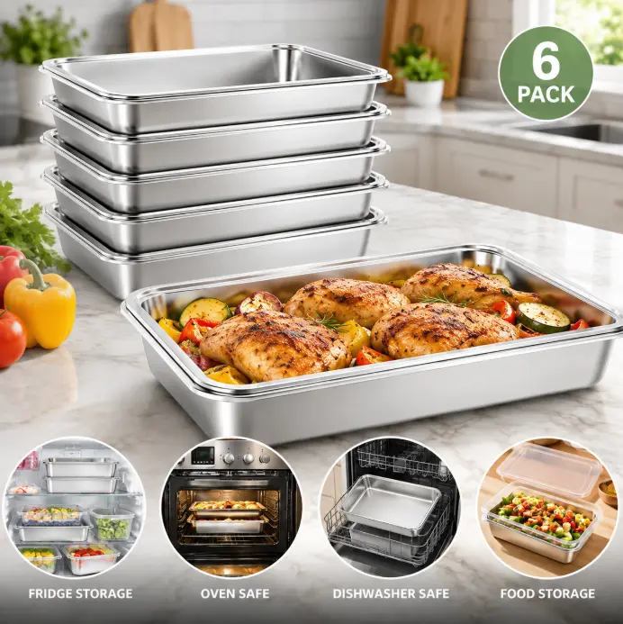 6 Pack Stainless Steel Food Pans, Rectangular Baking & Roasting Trays, Stackable Metal Serving Pans for Meal Prep, Food Storage, Buffet, Catering, Restaurant & Home Kitchen, Oven and Dishwasher Safe