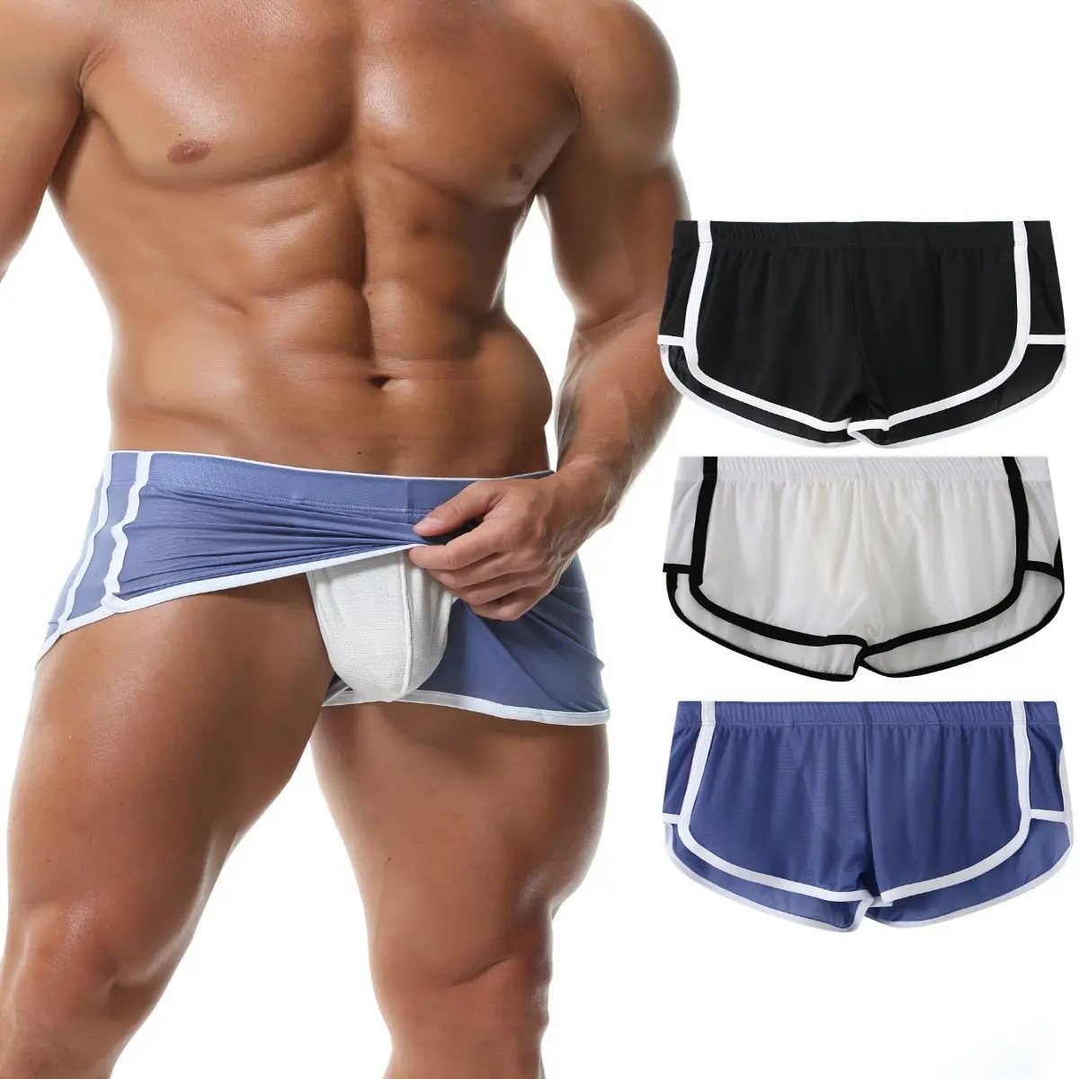 3pcs Men'S Breathable Mesh Boxer Briefs with Internal Pockets - Comfortable Underwear for Home, Sports & Beach Activities, Solid Color, Medium Stretch Fabric