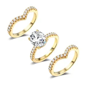 MDFUN 3-in-1 Engagement Ring for Women, 7×9mm Oval CZ High Sparkle Center Stone, Eternity Promise Wedding Band Set