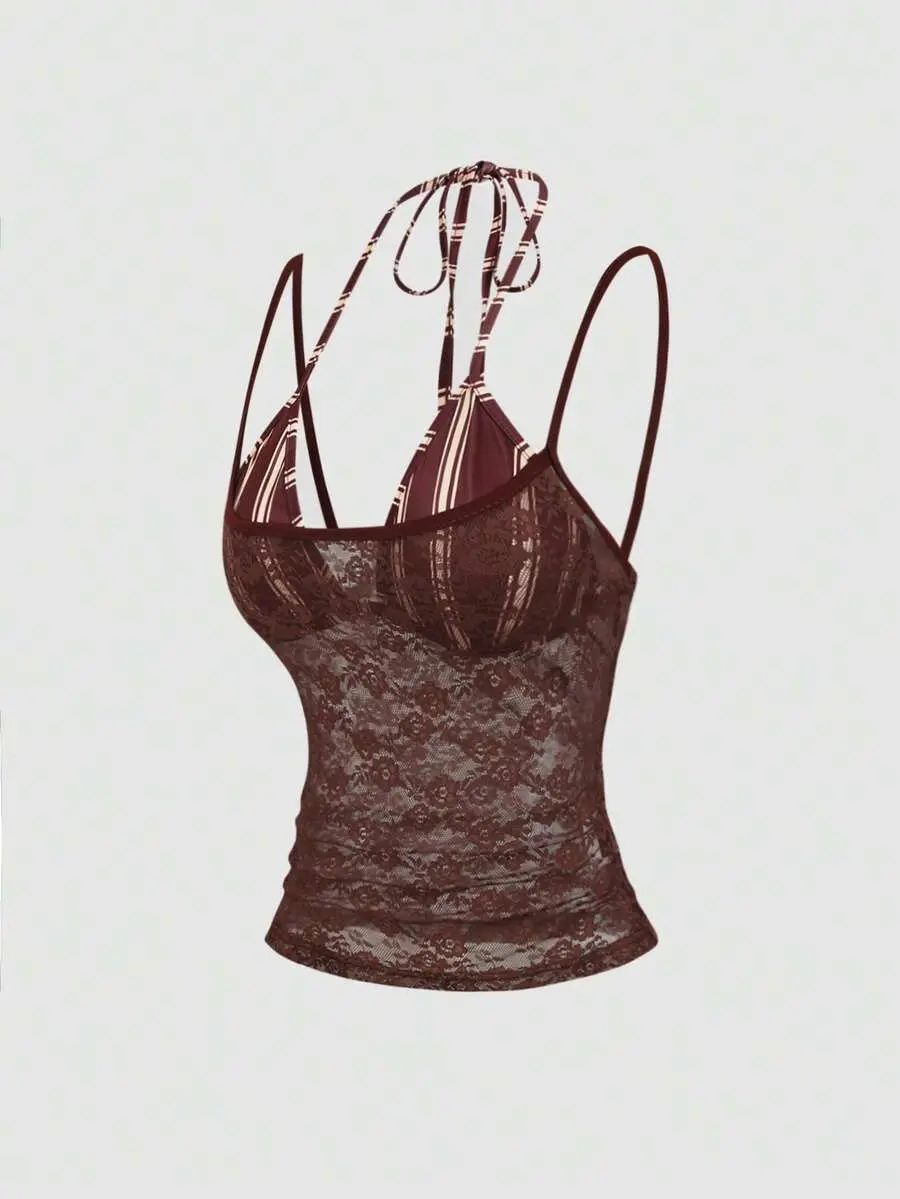 Women Y2K Vintage Striped Halter Neck 2 In 1 Camisole Top Sexy Sheer Lace Layered Tank Top Fairy Grunge Aesthetic Summer Going Out Tops