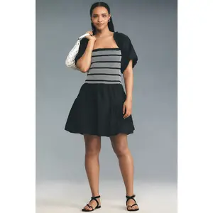 By Anthropologie Puff-Sleeve Square-Neck Smocked Mini Dress SMALL Black