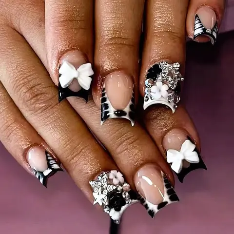 French Tip Press On Nails  Short Square Zebra Bow Fake Nails – Cute Charm Design (24pcs)