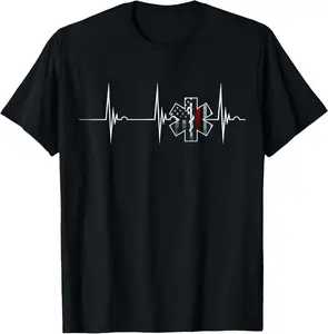 [100% Cotton] Firefighter EMS Heartbeat EKG Pulse Fireman American Flag T-Shirt streetwear dtf printing