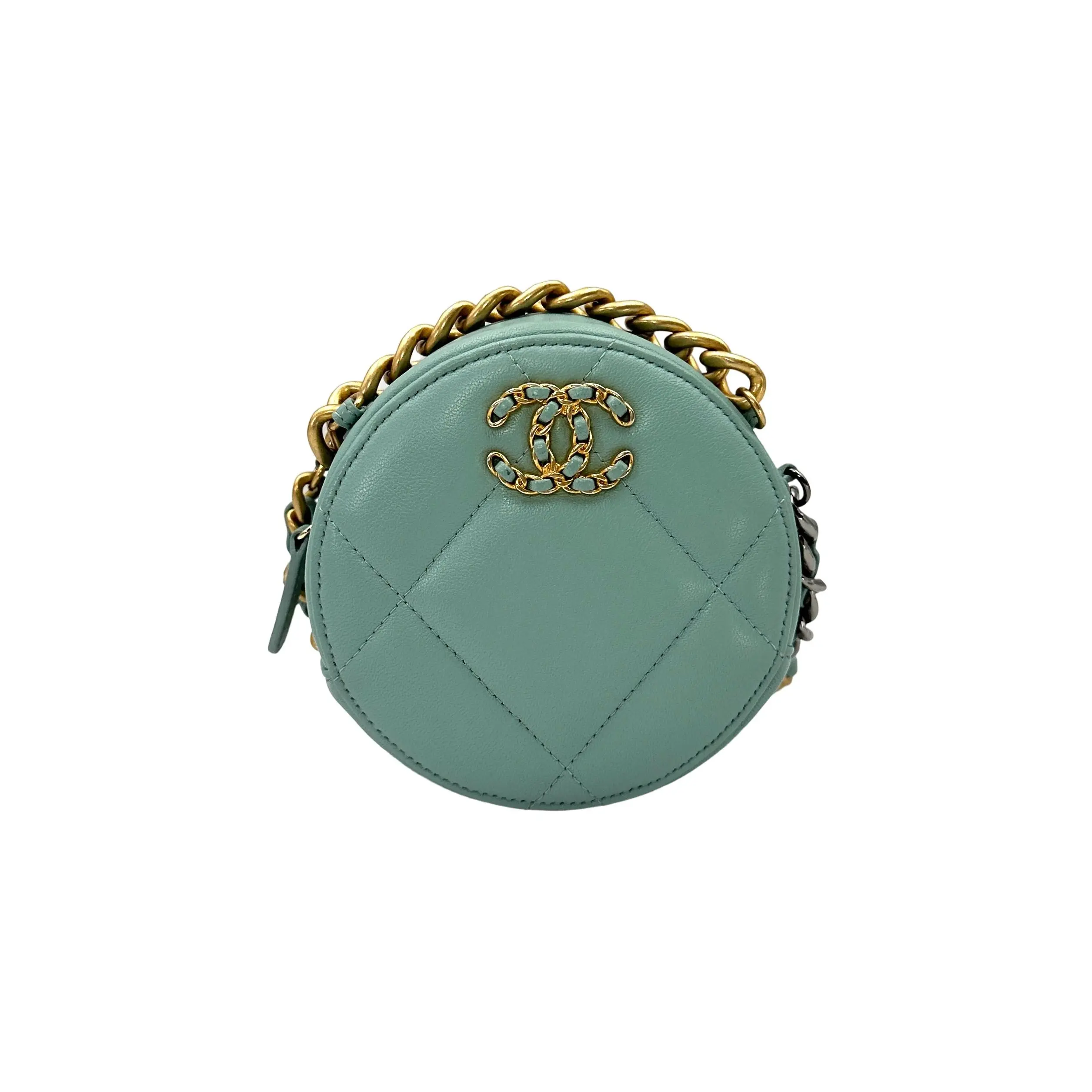 Pre-owned CHANEL Lambskin Crossbody Bags 19Bag Mint Green Quilted Round Clutch (29***77) CC2339