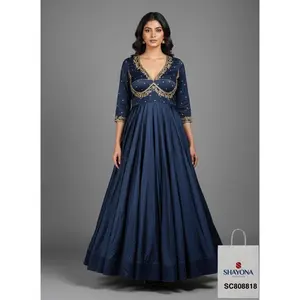 Designer Sabyasachi-Style Handwork Long Gown in Mul Cotton | Navy Blue | Sizes 36–46