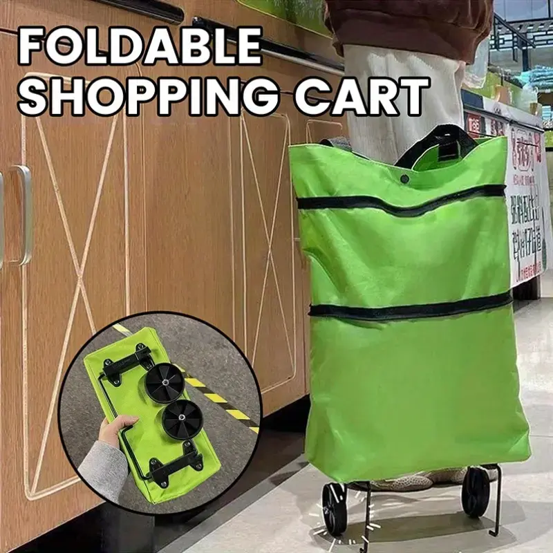 2-in-1 Foldable Shopping Cart with Wheels, Portable Rolling Grocery Bag, Reusable Collapsible Tote with Hideaway Wheels & Extended Handles for Grocery Shopping, Laundry, Travel and Home Storage