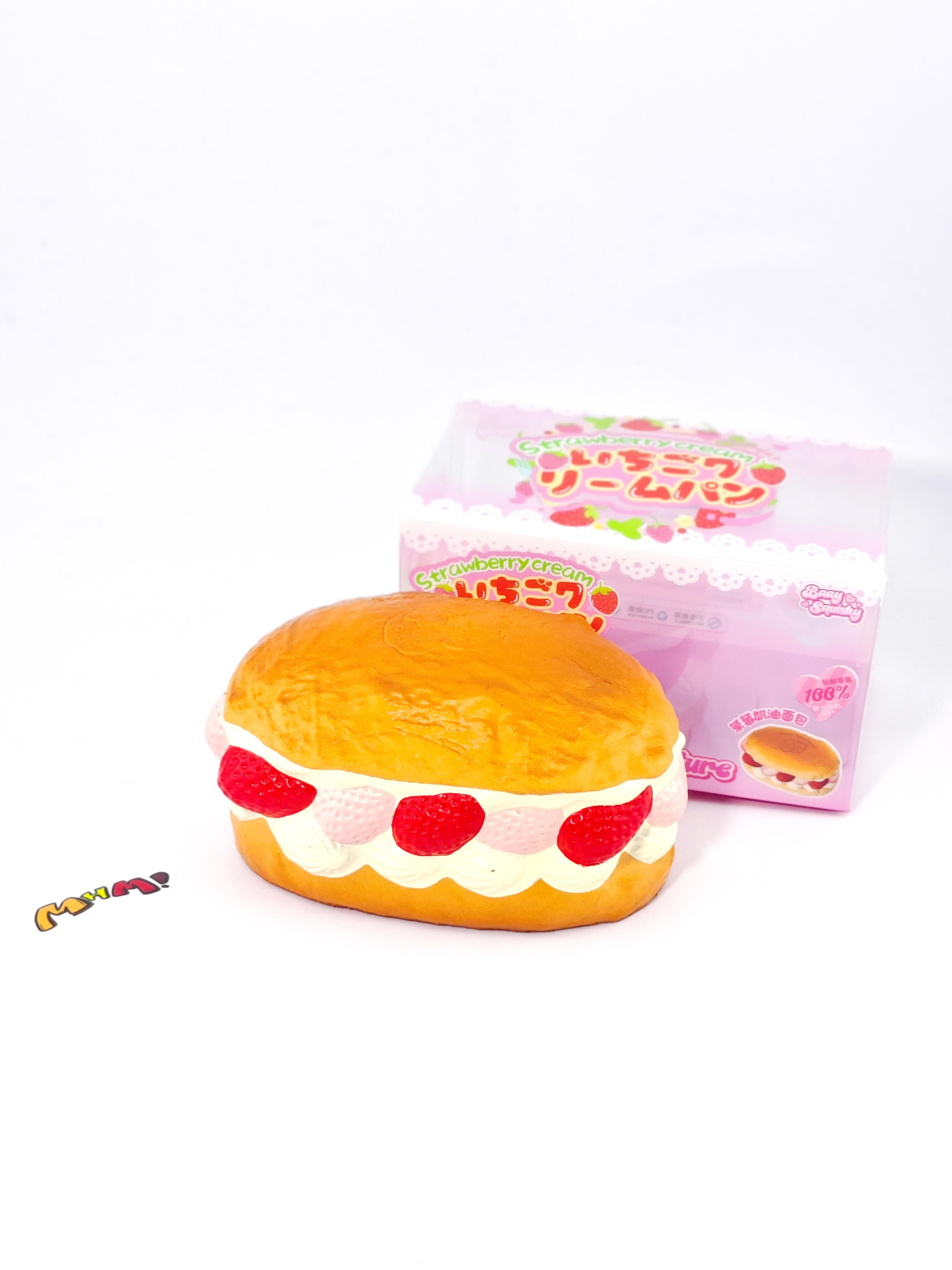 MHM Squishy Pink Strawberry White Cream Bread scented stress relief toy features a sticky, wet-soft, slow-bounce pastry texture for tactile fun
