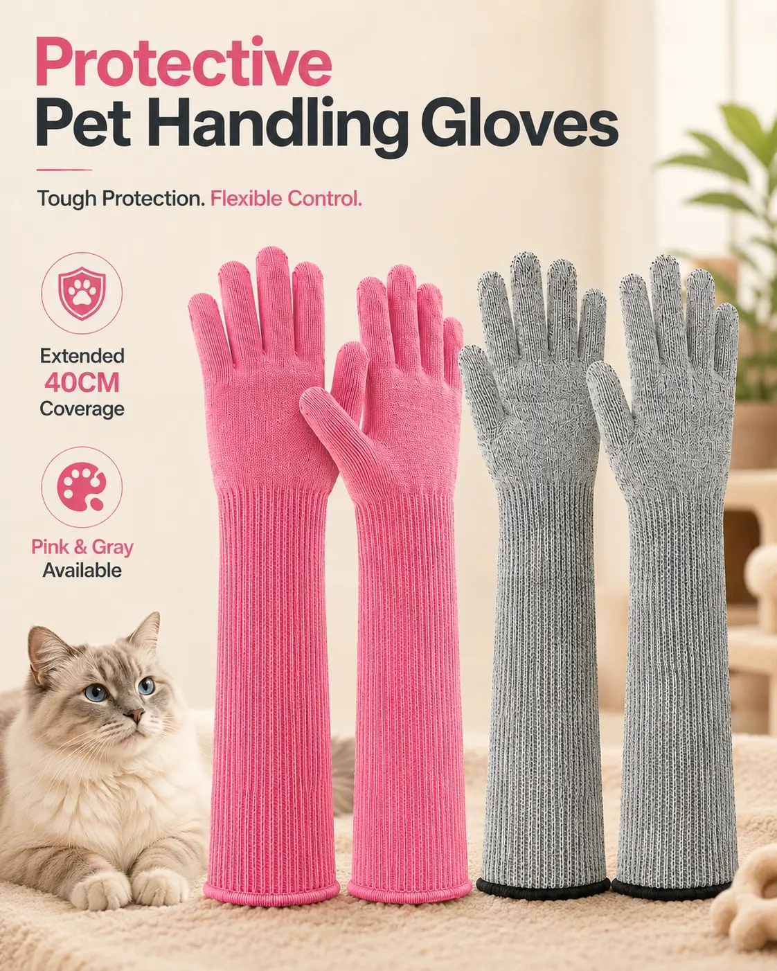 Cat Handling Gloves, 1 Pair 15.7-Inch Aramid Fiber Scratch-Resistant Long Cuff Gloves for Grooming, Nail Trimming, Bathing & Carrier Handling