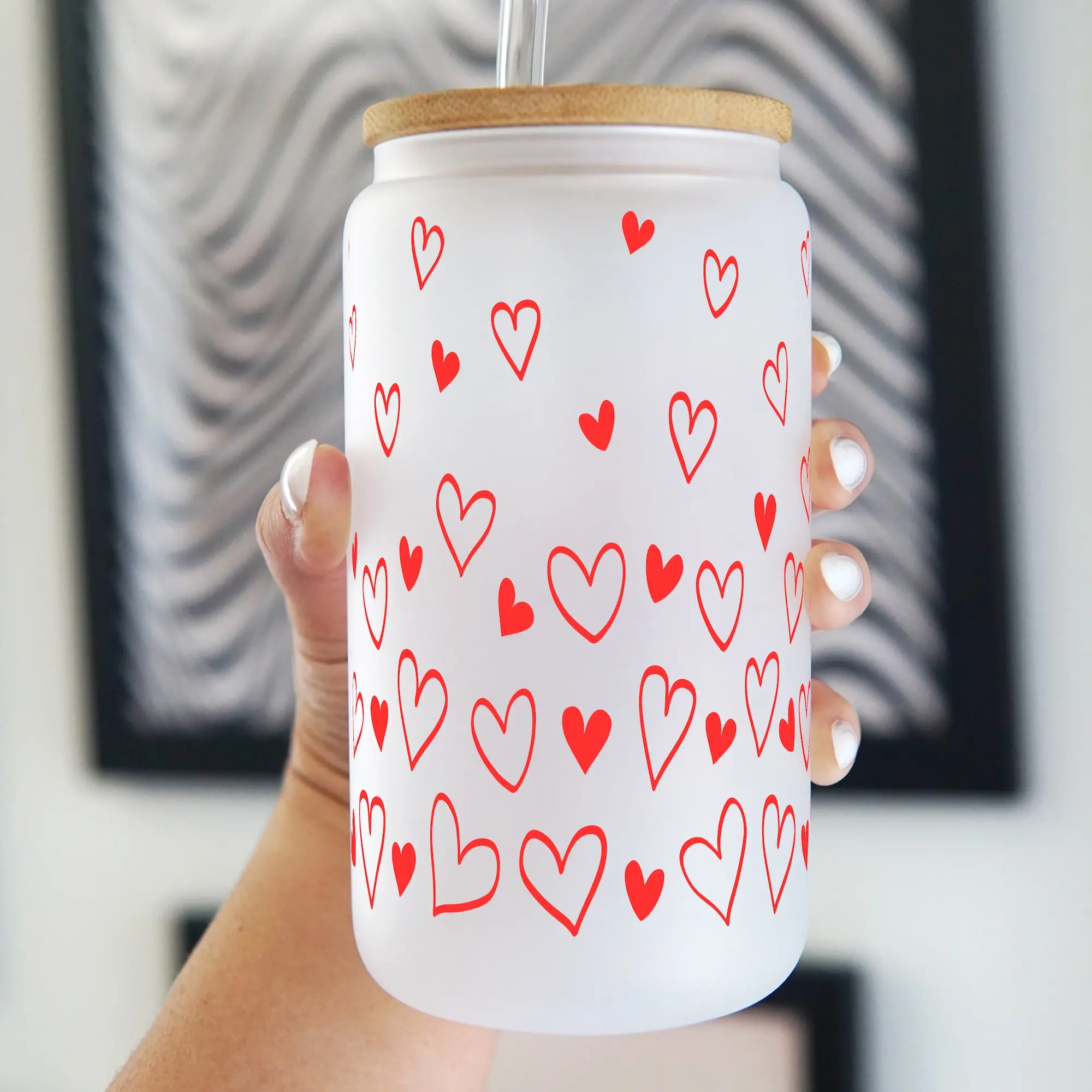 Confetti Hearts Valentine's Day 17oz Glass Mug with Lid and Straw, Iced Coffee Drinkware, Gift for Her, water bottle for women, valentine gift, Reusable, Insulated