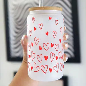 Sip-Sip Hooray! Cute Confetti Hearts Valentine’s Day Glass Can Cup with Lid & Plastic and Glass Straws – 16oz Tumblers for Galentine’s Day, Valentine’s Gift for Her Reusable Mug Water Bottles