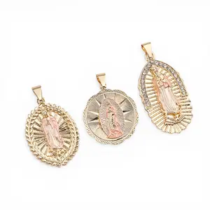14K Oro Laminado Virgen de Guadalupe Dije, Three Tone Catholic Religious Pendant Charm, Virgin Mary Necklace Jewelry for Women