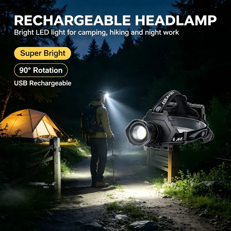 Waterproof LED Rechargeable Headlight 5 Lighting Modes Low/Medium/High/Flash/SOS, Hands-Free Adjustable Head Lamp with Mount Hooks for Hiking Garage Repair Camping Work Light