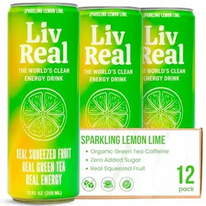 LivReal Clean Energy Drink – Organic Green Tea Caffeine 125mg + L-Theanine 100mg – Real Fruit, No Sweeteners or Flavorings – Vitamin C & B Complex – Sparkling Lemon Lime Water 12 Pack, 12 fl oz