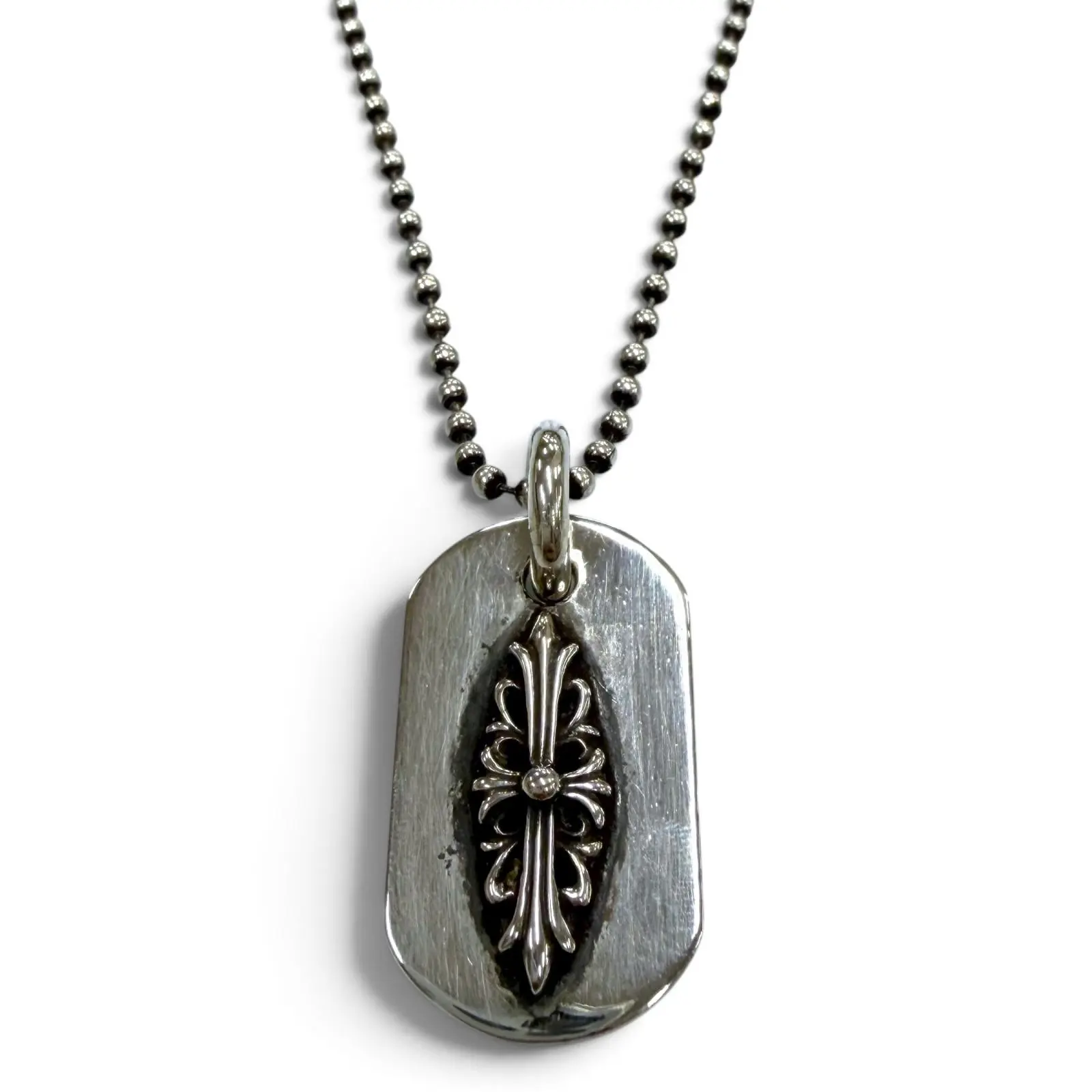 Pre-owned Chrome Hearts Sterling Silver 925 (Ag925) Small Leather Goods Raised Dogtag Floral Cross Silver Necklace