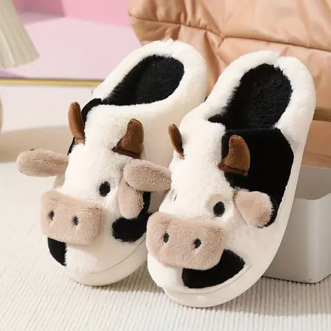 Women's Cow-Themed Casual Slipper Shoes - Animal Print, Plush Cotton, Fleece Fabric, Plush Upper Feels Gentle on Bare Feet, Ultra-Soft Cozy Indoor Wear, Slip Resistant PVC Grip Sole for Safety, Women's Sizes