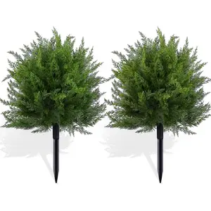 1/2PCS Artificial Topiary Bushes for Outdoors with Spike, Boxwood Ball Fake Shrubs UV Resistant Faux Plants for Indoor Outdoor Fall Thanksgiving Halloween Decor (Cedar Topiary Ball Trees)