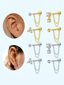 4Pcs/Set 16G 20G Elegant Flat Back Earrings Stud No Thread Push In Cartilage Tragus Helix Ear Studs with Chain Stainless Steel, Labret Medusa Conch Lip Rings, Earrings Studs Body Piercing Jewelry 3cm 4cm Chain for Women Valentine's Day Gift