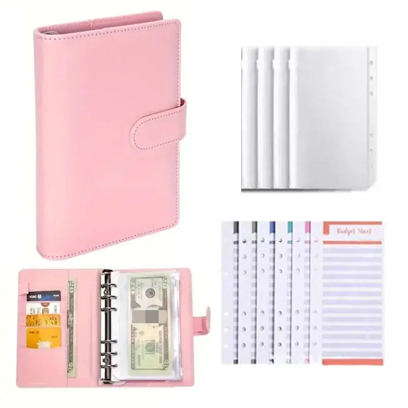 A6 PU Leather Budget Binder, Small Zip Pouch with Cash Envelope Pockets, Office Stationery Money-Saving Organizer Planner