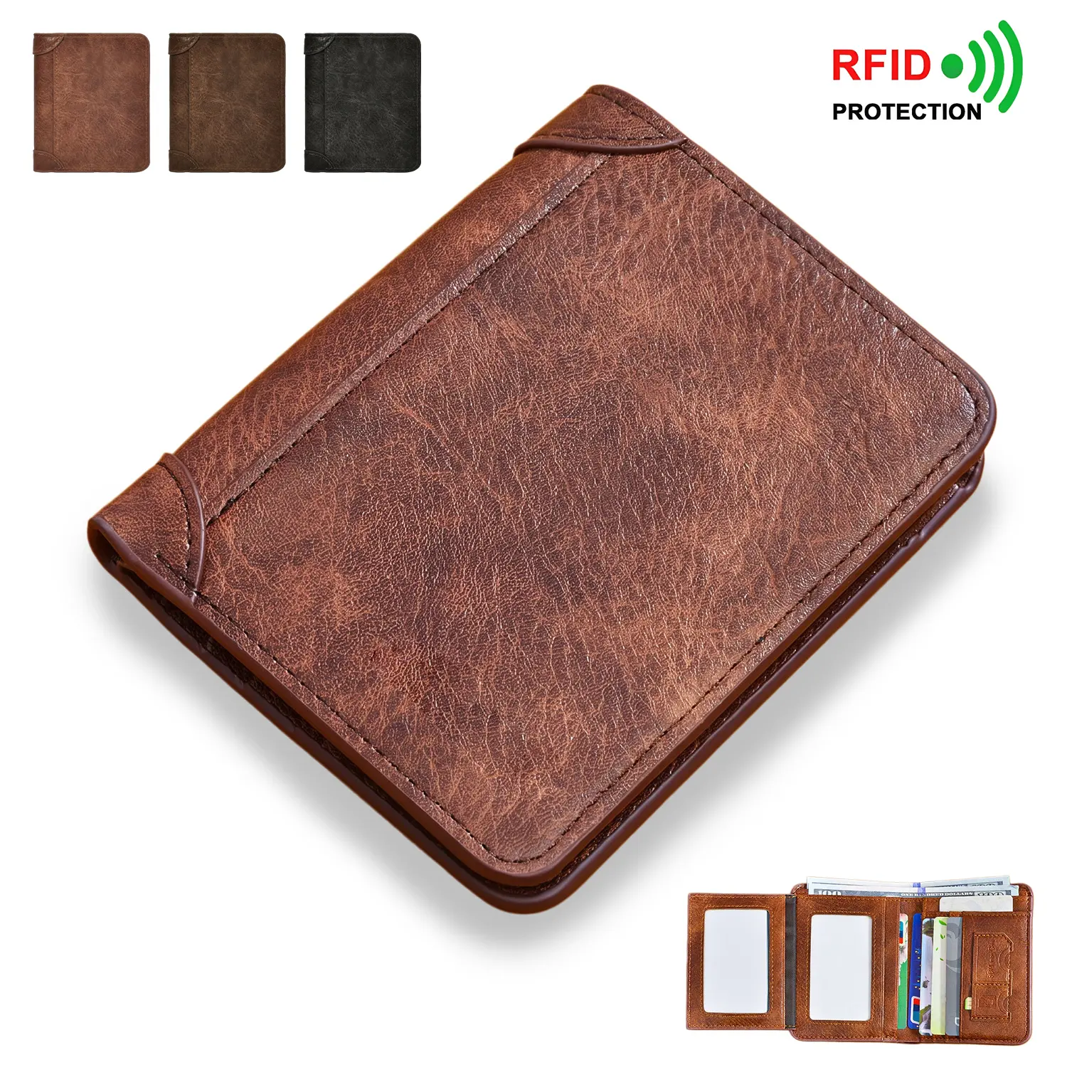 JUSIEX Trifold Wallet for Men, Vintage Genuine Leather with a Slim Design, RFID Blocker, 2 ID Windows, Father's Day Gift, Genuine Leather Wallets, Leather Card Holders