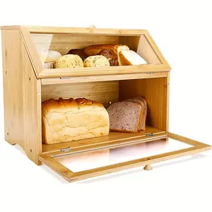 Kitchen countertop double-layer large capacity bread box, wooden large capacity bread storage box (made of natural bamboo)