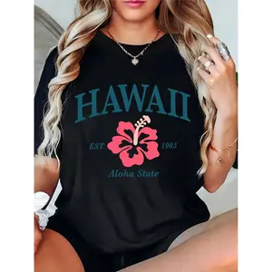 Women's Black Hawaii Hibiscus Graphic T-Shirt, Aloha State EST 1985, Summer Beach Casual Top for Vacation & Daily Wear 100% Cotton T-shirt
