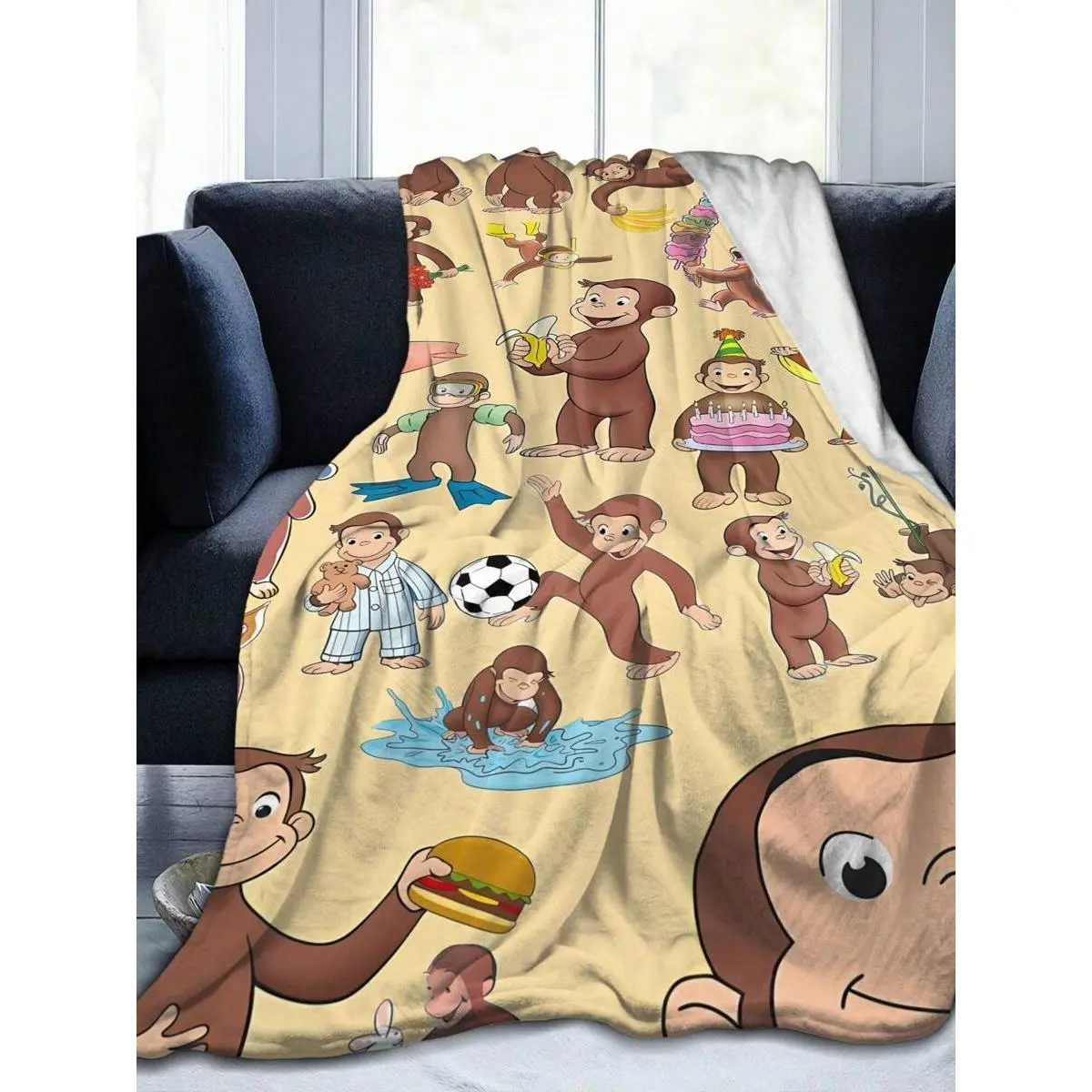 Gift for kids, Curious George Plush Flannel Throw Blanket - 280gsm Durable, Wrinkle-Resistant, All-Season Cozy Aesthetic Retro Vintage Cute Character Blanket - Cartoon Graphic, Themed Decor, Machine Washable Ideal Gift for Fans (Birthday, Housewarming)