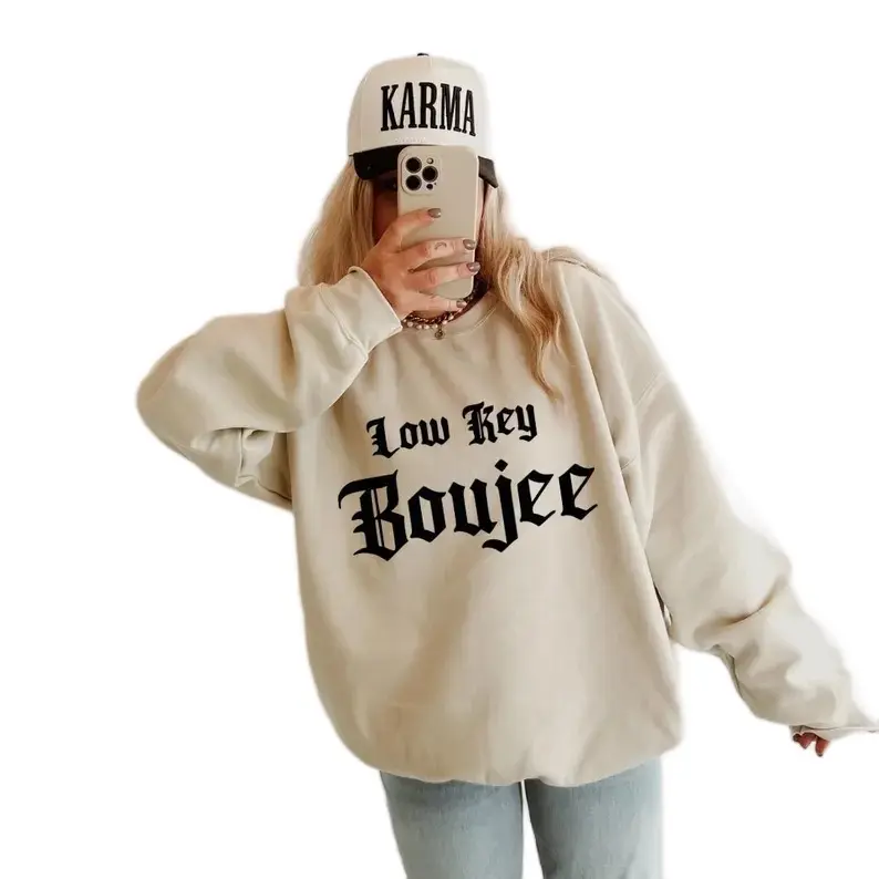 Low Key Boujee Crewneck Pullover in Beige with Graphic Design - Sweatshirts, Hoodie Tops Womenswear Gothic Font
