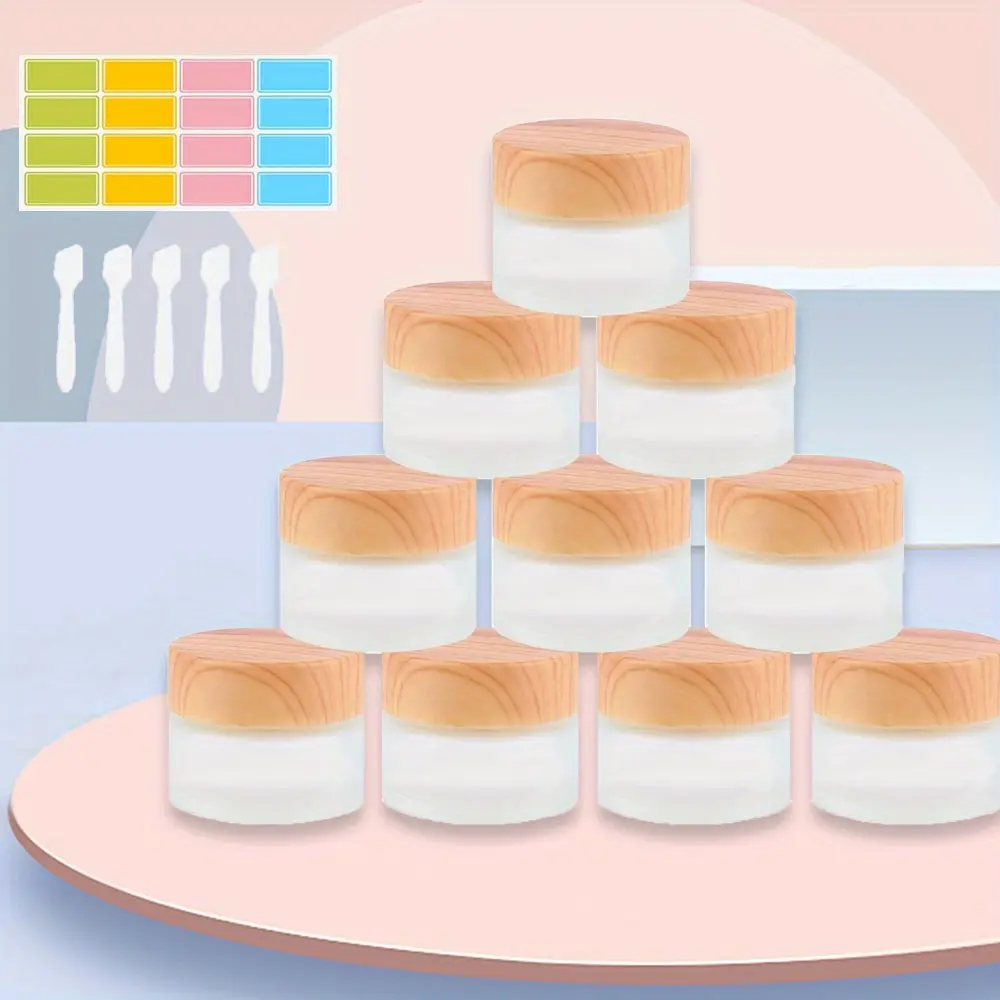 10pcs Refillable Glass Jars for Cosmetics - 15g, with Wood Grain Caps | Perfect for Face Creams, Lotions, Subpackage Filling, Frosting, Storage Cans, Ideal for Home & Travel, Travel Cosmetic Containers|mother mother day gift