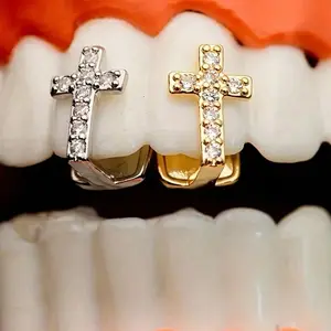 Cross-shaped copper micro-inlaid hip-hop braces for teeth decoration, a trendy dental accessory